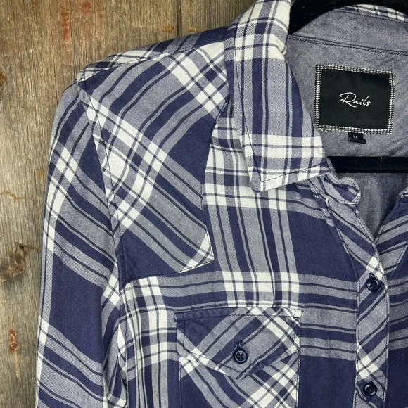 Rails Kendra Plaid Flannel Button Front Shirt Chambray Lined in Indigo sz M - Picture 4 of 14
